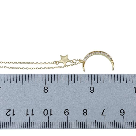 Sterling Silver Gold Tone Crescent Moon Star Cubic Zirconia Necklace 15.75-17.5" - Picture 5 of 5
